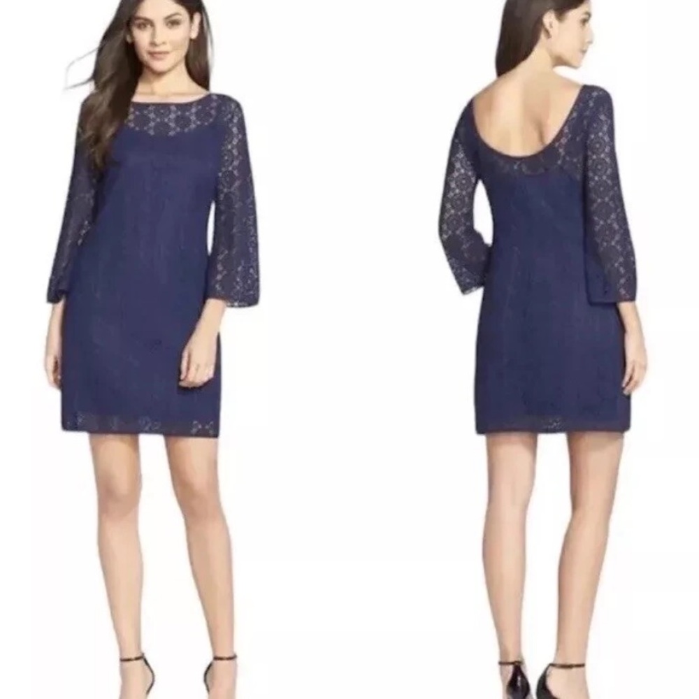 Lilly Pulitzer Topanga True Navy Blue Breakers Lace Dress Medium Bell Sleeves - Picture 2 of 13
